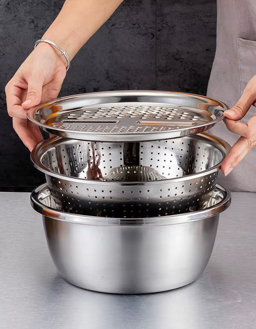 Load image into Gallery viewer, KitchenPro 3-in-1 Stainless Steel Drain Basket – Multifunctional Colander, Vegetable Slicer &amp; Grater for Effortless Food Prep
