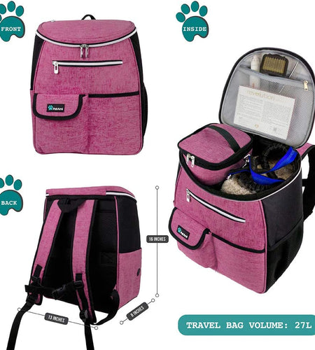Dog Travel Bag Backpack, Airline Approved Dog Bags for Traveling, Puppy Diaper Bag Supplies, Pet Camping Essentials Hiking Accessories Dog Mom Gift, Food Container, Collapsible Bowls, Pink