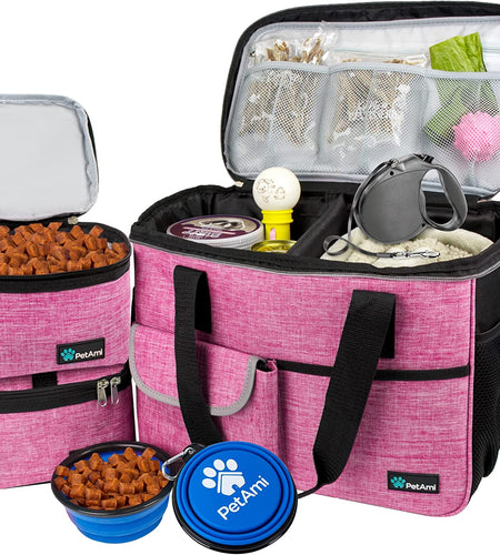 Dog Travel Bag | Airline Approved Tote Organizer with Multi-Function Pockets, Food Container Bag and Collapsible Bowl | Perfect Weekend Pet Travel Set for Dog, Cat