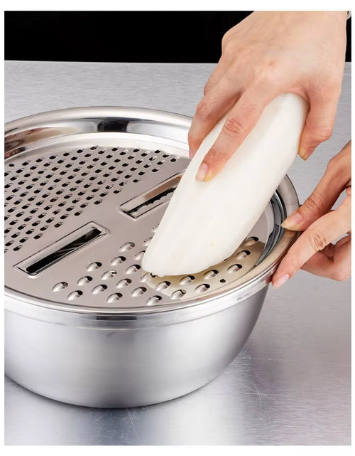 Load image into Gallery viewer, KitchenPro 3-in-1 Stainless Steel Drain Basket – Multifunctional Colander, Vegetable Slicer &amp; Grater for Effortless Food Prep
