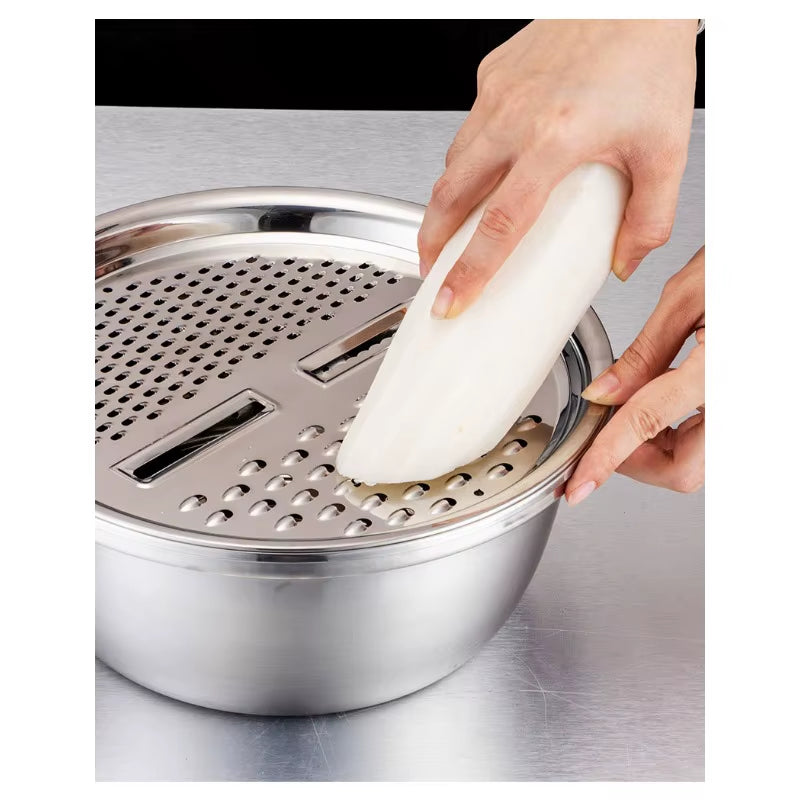 KitchenPro 3-in-1 Stainless Steel Drain Basket – Multifunctional Colander, Vegetable Slicer & Grater for Effortless Food Prep