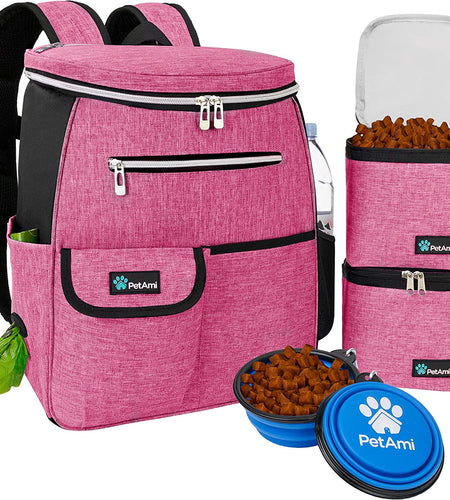 Dog Travel Bag Backpack, Airline Approved Dog Bags for Traveling, Puppy Diaper Bag Supplies, Pet Camping Essentials Hiking Accessories Dog Mom Gift, Food Container, Collapsible Bowls, Pink